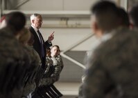 Secretary of the Defense Jim Mattis           speaks with Airmen at Minot Air Force Base, N.D., Sept. 13, 2017. During his visit, Mattis toured 5th Bomb Wing and 91st Missile Wing units and spoke with Airmen emphasizing the importance of the nuclear deterrence mission. (U.S. Air Force photo/Senior Airman J.T. Armstrong)
