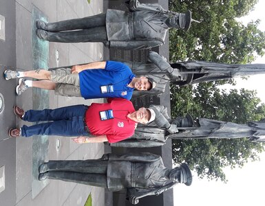 Master Sgt. Christopher G. Dion, 502nd Air Base Wing Inspector General Office, and Staff Sgt. Reuben "George" Harvey, a B-29 gunner during the Korean War, at the U.S. Air Force monument in Washington, D.C.