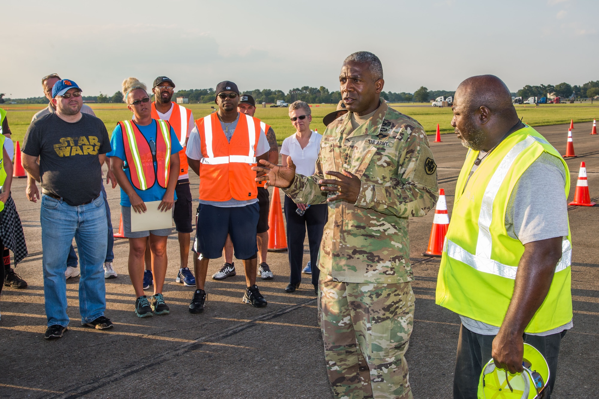 Lt. Gen. Darrell K. Williams, Director, Defense Logistics Agency, Fort Belvoir, Virginia, visits the DLA and other support personnel at Maxwell Air Force Base in support of relief efforts for Hurricane Irma Sept. 14, 2017. (U.S. Air Force photo/Trey Ward)