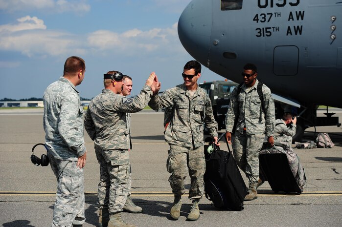 Airmen return with the final C-17 Globemaster III that was evacuated here due to Hurricane Irma’s potential landfall Sept. 15, 2017. Twenty-two C-17s were evacuated to alternate locations and eight were diverted in response to the hurricane. Airmen from the 437th Aircraft Maintenance Squadron ensured the relocated aircraft were maintained and prepared to conduct hurricane recovery operations from alternate installations including Scott Air Force Base, Ill.