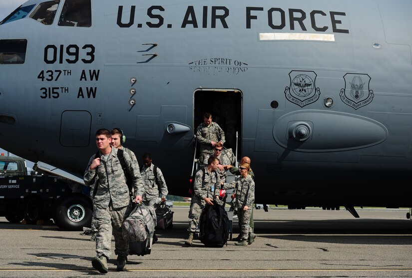 Airmen return to Joint Base Charleston Sept. 15, 2017 with the final C-17 Globemaster III that was evacuated due to Hurricane Irma’s potential landfall. Twenty-two C-17s were evacuated to alternate locations and eight were diverted in response to the hurricane. Airmen from the 437th Aircraft Maintenance Squadron ensured the relocated aircraft were maintained and prepared to conduct hurricane recovery operations from alternate installations including Scott Air Force Base, Ill.