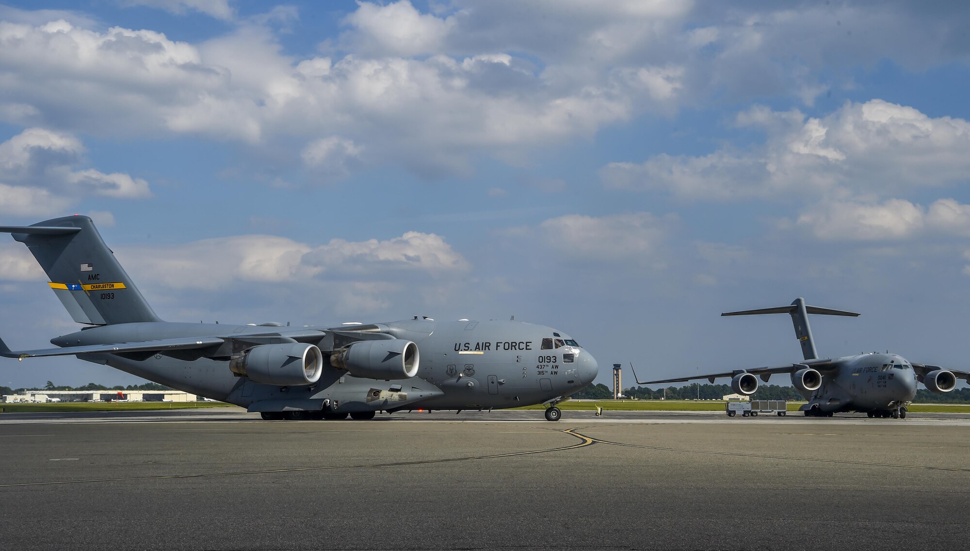 The final C-17 Globemaster III evacuated from Joint Base Charleston, S.C. due to Hurricane Irma’s potential landfall returns here Sept. 15, 2017. More than 20 C-17s were evacuated from JB Charleston in response to Hurricane Irma.  Airmen of the 437th Aircraft Maintenance Squadron ensured the relocated C-17s were maintained and prepared to conduct hurricane recovery operations to the South while located at alternate installations. (U.S. Air Force photo by Senior Airman Christian Sullivan)