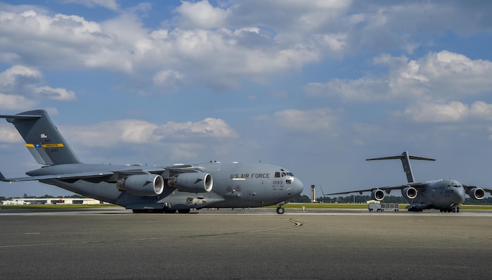 The final C-17 Globemaster III evacuated from Joint Base Charleston, S.C. due to Hurricane Irma’s potential landfall returns here Sept. 15, 2017. More than 20 C-17s were evacuated from JB Charleston in response to Hurricane Irma.  Airmen of the 437th Aircraft Maintenance Squadron ensured the relocated C-17s were maintained and prepared to conduct hurricane recovery operations to the South while located at alternate installations. (U.S. Air Force photo by Senior Airman Christian Sullivan)