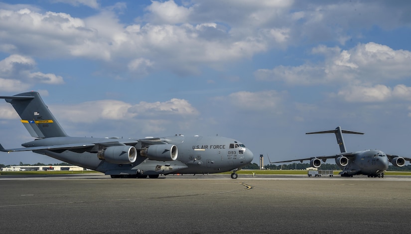 The final C-17 Globemaster III evacuated from Joint Base Charleston, S.C. due to Hurricane Irma’s potential landfall returns here Sept. 15, 2017. More than 20 C-17s were evacuated from JB Charleston in response to Hurricane Irma.  Airmen of the 437th Aircraft Maintenance Squadron ensured the relocated C-17s were maintained and prepared to conduct hurricane recovery operations to the South while located at alternate installations. (U.S. Air Force photo by Senior Airman Christian Sullivan)