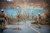 Seabees use shovels to clear away branches and debris.