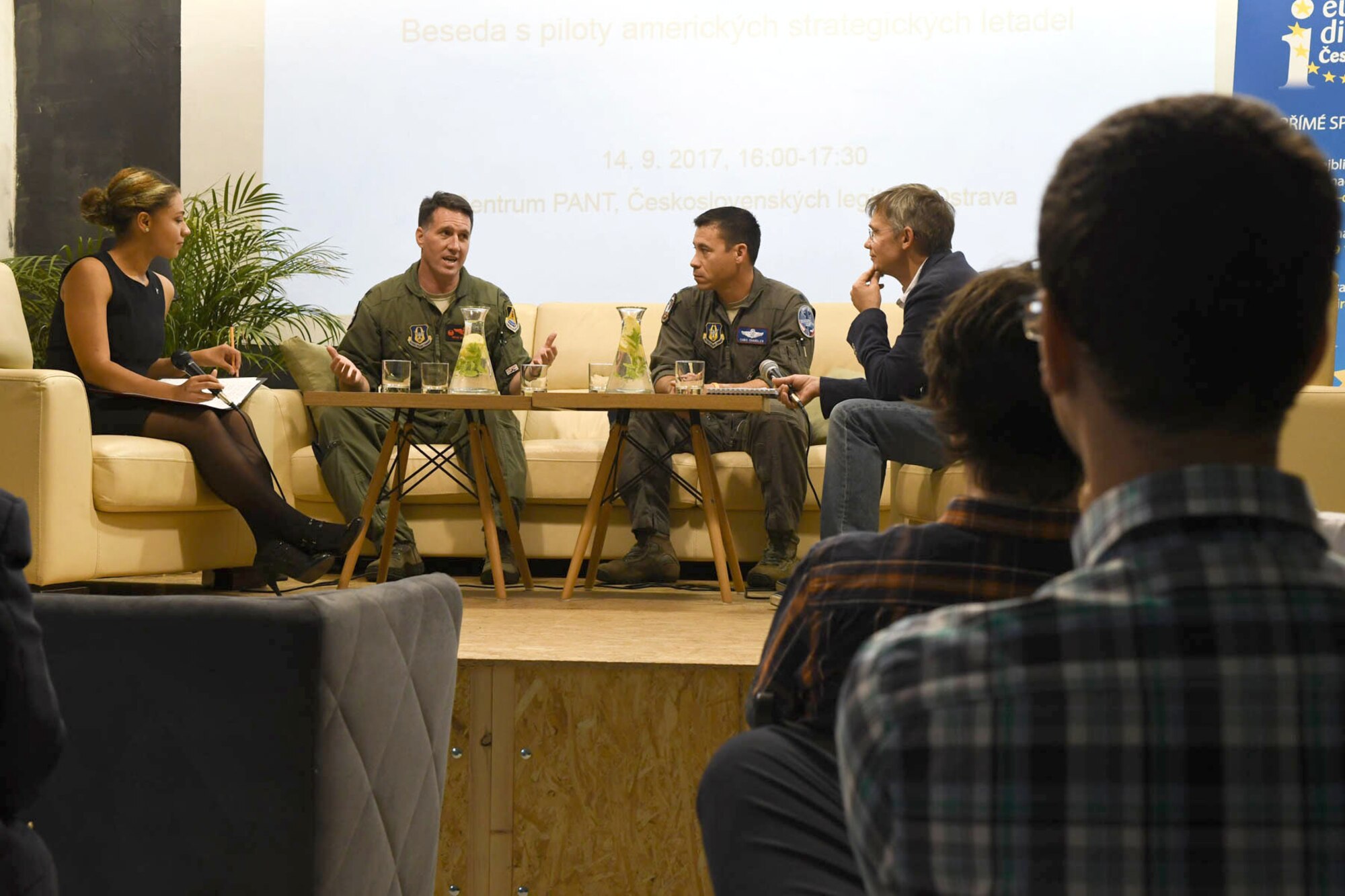 Col. Brian McClanahan, the 489th Bomb Group commander, and Lt. Col. Chris Chandler, the 93rd Bomb Squadron director of operations, answer questions during a panel at the PANT Centrum in Ostrava, Czech Republic Sept. 14, 2017.