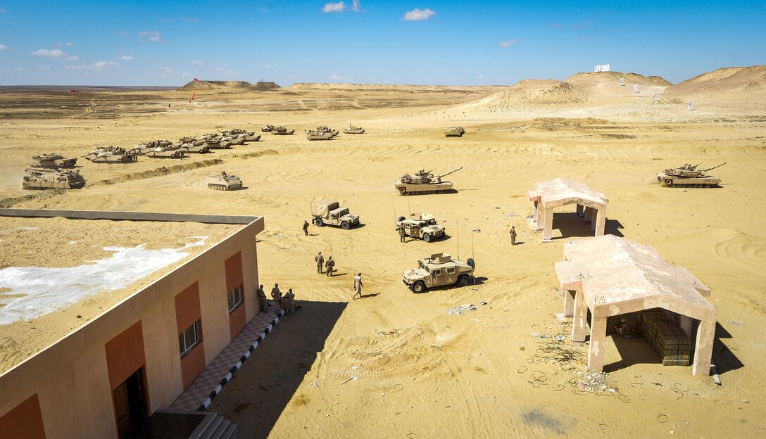 Soldiers from the 2nd Battalion, 7th Cavalry Regiment, 3rd Armored Combat Team, 1st Cavalry Division and the Egyptian armed forces participate in a field training exercise during Bright Star 2017, Sept. 15, 2017, at Mohamed Naguib Military Base, Egypt. More than 200 U.S. service members are participating alongside the Egyptian armed forces for the bilateral U.S. Central Command Exercise Bright Star 2017, Sept. 10 - 20, 2017 at Mohamed Naguib Military Base, Egypt. (U.S. Air Force photo by Staff Sgt. Michael Battles)