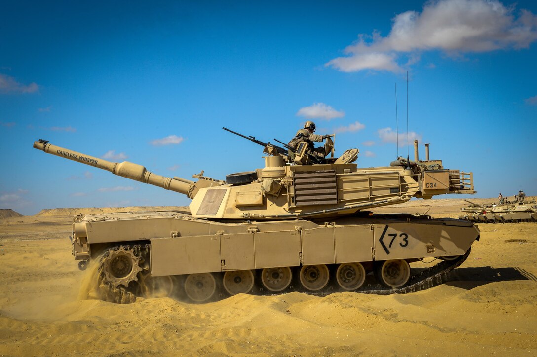 A U.S. Army M1A2 Abrams tank from the 2nd Battalion, 7th Cavalry Regiment, 3rd Armored Combat Team, 1st Cavalry Division participates in a field training exercise during Bright Star 2017, Sept. 15, 2017, at Mohamed Naguib Military Base, Egypt. Started in 1981, Bright Star builds on the strategic security relationship between the U.S. and Egypt, a partnership that supports counterterrorism, regional security, and efforts to combat the spread of violent extremism. (U.S. Air Force photo by Staff Sgt. Michael Battles)