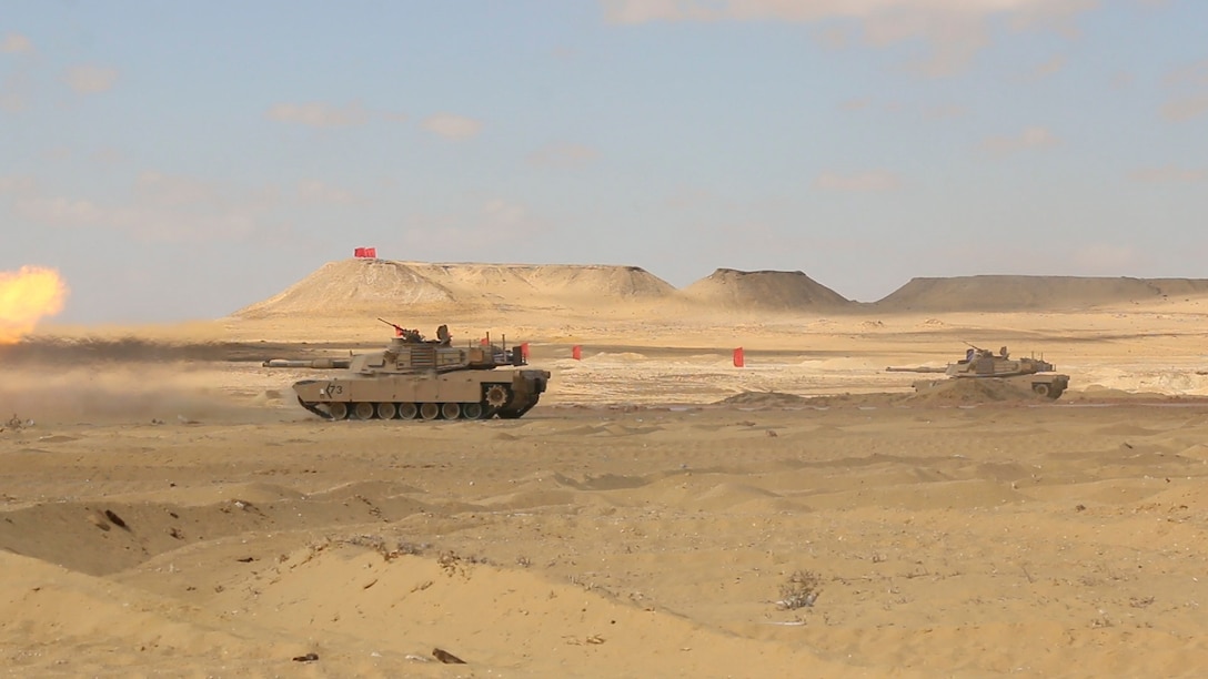 M1A2 Abrams Main Battle Tank crews assigned to Charlie Company, 2nd Battalion, 7th Cavalry Regiment, 3rd Armored Brigade Combat Team, 1st Cavalry Division engage targets at a live fire accuracy screening test range at Mohamed Naguib Military Base, Egypt, Sept. 15 in preparation for a culminating combined arms live fire exercise as part of the field training exercise of Exercise Bright Star 2017. Bright Star is a bilateral exercise between U.S. Central Command and the Arab Republic of Egypt during which about 200 U.S. personnel participated in a command-post exercise, a field training exercise and a senior leader seminar to promote and enhance regional security and cooperation. (U.S. Army photo by Staff Sgt. Leah R. Kilpatrick)