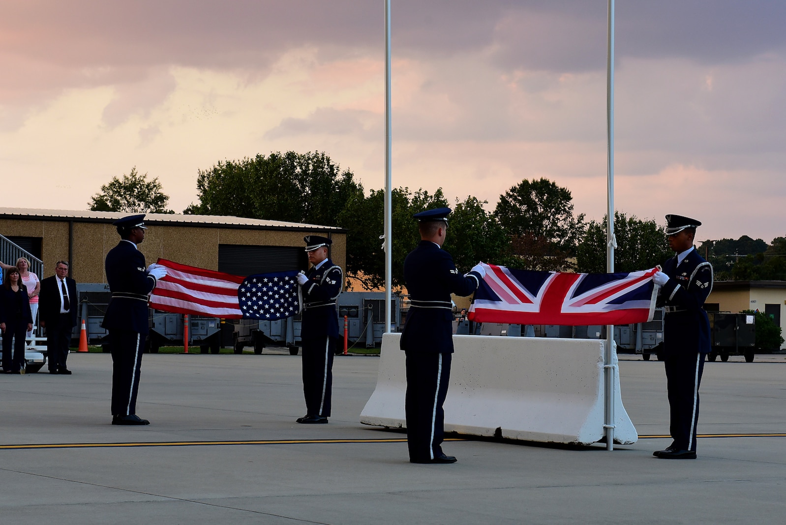 Members of the Seymour Johnson Air Force Base Honor Guard fold the flags of the United States and the United Kingdom, Sept. 15, 2017, at Seymour Johnson AFB, North Carolina.