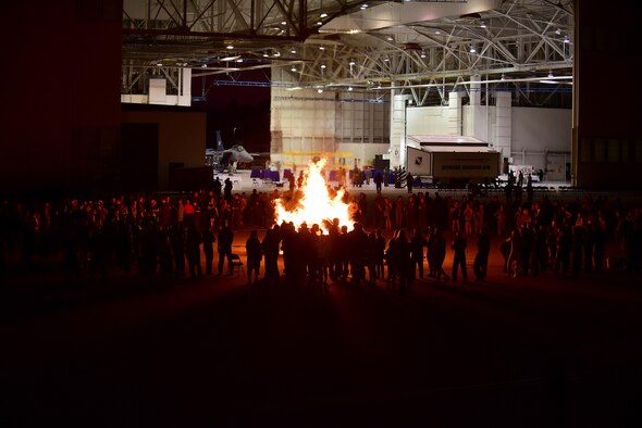 Pianos burn in a fire to honor the lives lost during the Battle of Britain in World War II, Sept. 15, 2017, at Seymour Johnson Air Force Base, North Carolina.