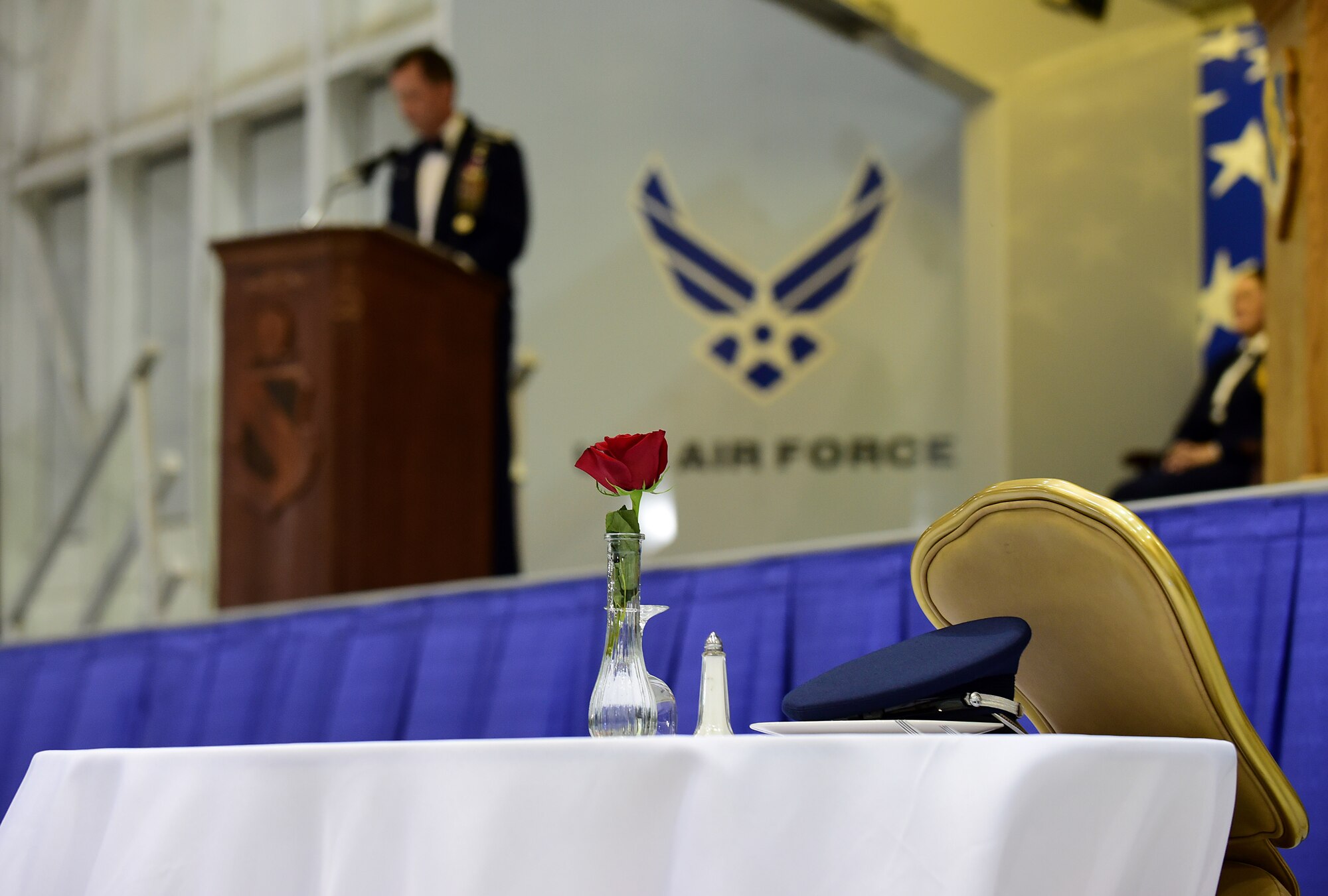 Col. Christopher Sage, 4th Fighter Wing commander, speaks during the 4th Fighter Wing 75th Anniversary Gala, Sept. 16, 2017, at Seymour Johnson Air Force Base, North Carolina. The anniversary weekend also commemorated the Battle of Britain when Nazi Germany bombed Britain during World War II. (U.S. Air Force photo by Airman 1st Class Kenneth Boyton)