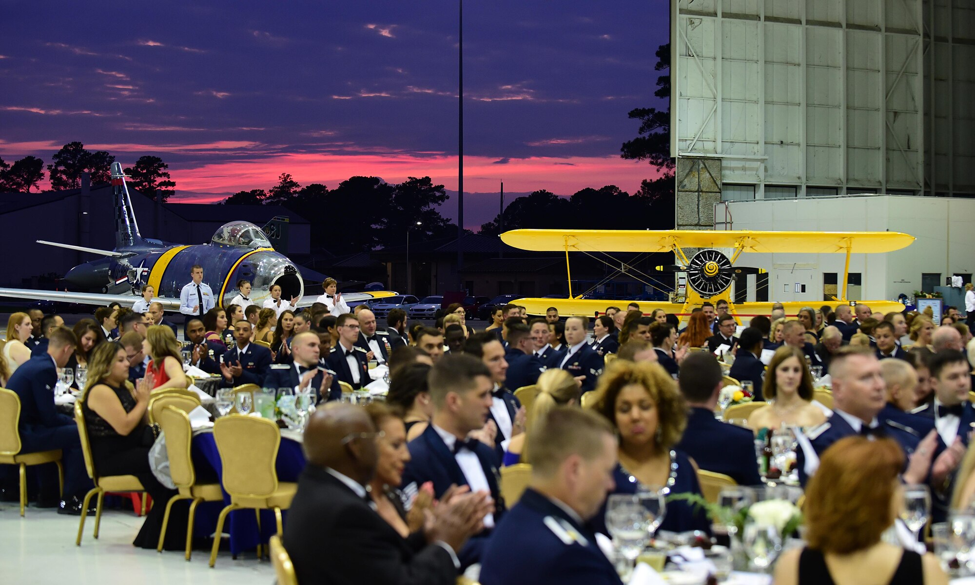 Members from Team Seymour and other distinguished visitors attend the 4th Fighter Wing 75th Anniversary Gala, Sept. 16, 2017, at Seymour Johnson Air Force Base, North Carolina. Some distinguished visitors included former 4 FW commanders, Brig. Gen. Mark Slocum, United States Air Forces in Europe-United Kingdom director, and Gen. Mike Holmes, Air Combat Command commander. (U.S. Air Force photo by Airman 1st Class Kenneth Boyton)