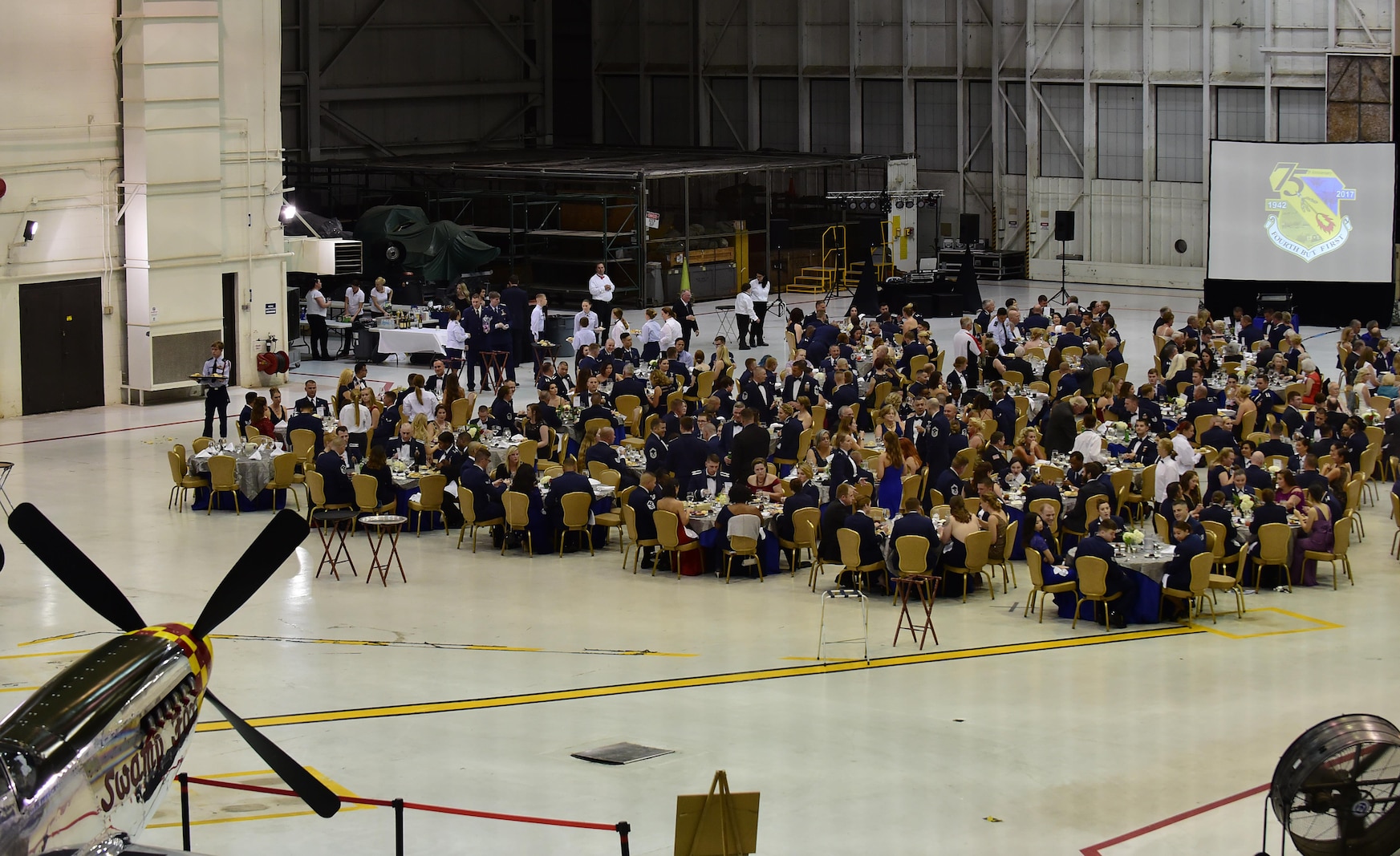 Members from Team Seymour and other distinguished visitors attend the 4th Fighter Wing 75th Anniversary Gala, Sept. 16, 2017, at Seymour Johnson Air Force Base, North Carolina. The gala coincides with the 70th birthday of the U.S. Air Force. (U.S. Air Force photo by Airman 1st Class Kenneth Boyton)