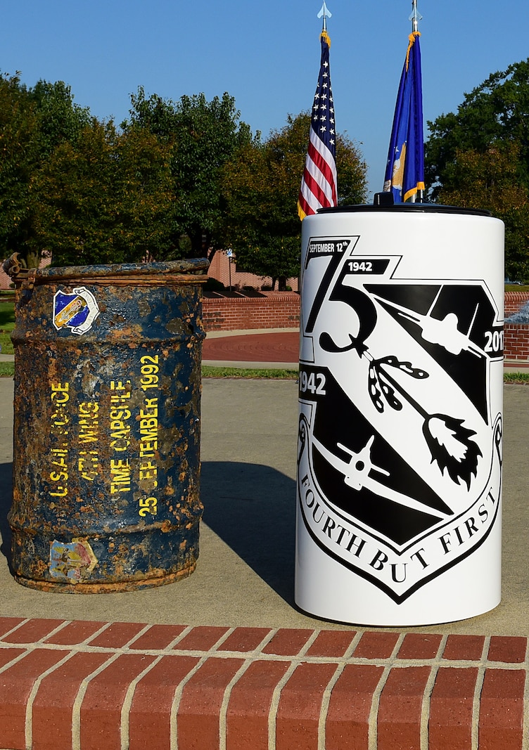 A new time capsule, right, sits next to an excavated time capsule from 1992, Sept. 15, 2017, at Seymour Johnson Air Force Base, North Carolina. Every 25 years, a time capsule is dug up, its contents revealed and then placed in a new time capsule with additional items to be seen again in another 25 years. (U.S. Air Force photo by Airman 1st Class Kenneth Boyton)