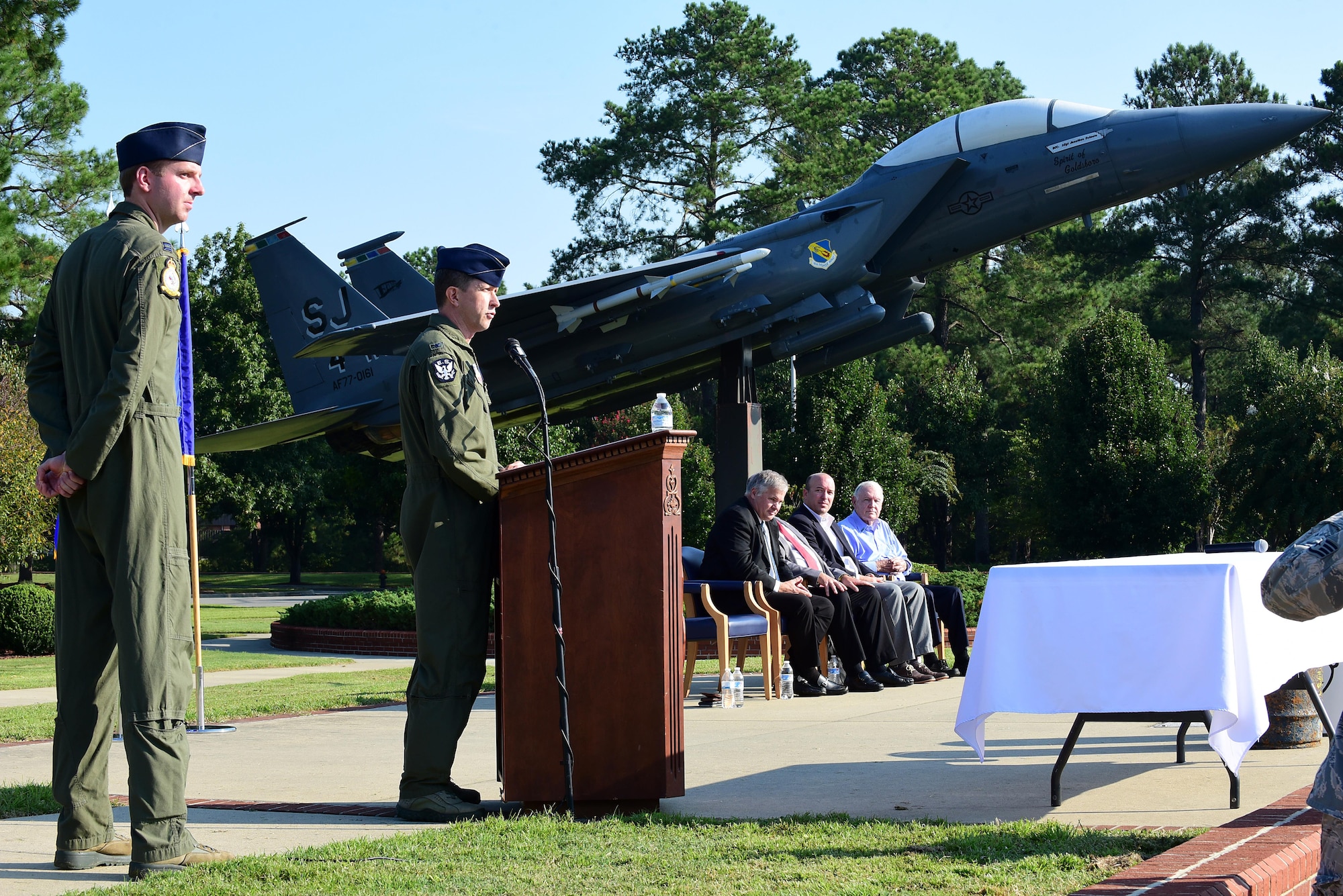 Col. Christopher Sage, 4th Fighter Wing commander, addresses the audience during the 2017 Time Capsule Unveiling, Sept. 15, 2017, at Seymour Johnson Air Force Base, North Carolina. Sage said he is honored to be part of such a significant historical event which will tell the 4th FW’s story to those who unearth the capsule 25 years from now. (U.S. Air Force photo by Airman 1st Class Kenneth Boyton)