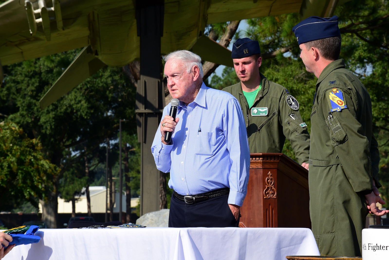 Bob Hill addresses the audience after unveiling the contents of a time capsule from 1992, Sept. 15, 2017, at Seymour Johnson Air Force Base, North Carolina. Having been to each of the previous time capsule burials, Hill was proud to take part in the ceremony. (U.S. Air Force photo by Airman 1st Class Kenneth Boyton)