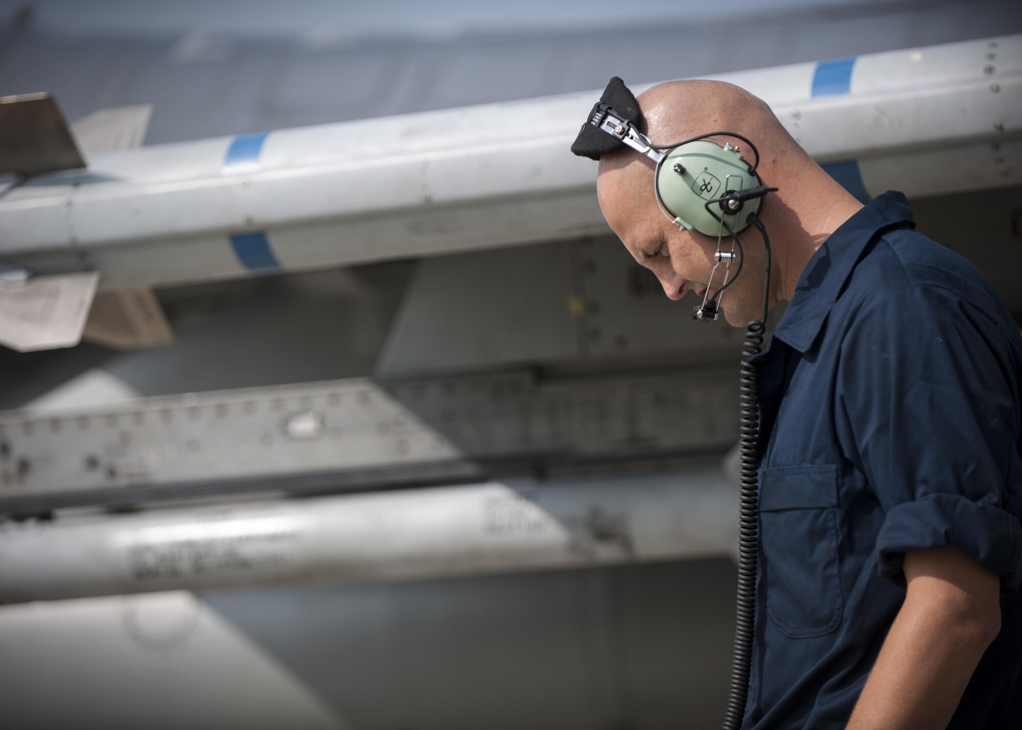 U.S. Air Force Staff Sgt. Eugene Travis, 8th Air Maintenance Squadron crew chief, prepares to launch a jet while participating in the “Job Swap” event at Kunsan Air Base, Republic of Korea, Sept. 12, 2017. The week-long event was to give 8th SFS defenders a better look at the assets that they are protecting day in and day out. (U.S. Air Force photo by Staff Sgt. Victoria H. Taylor)