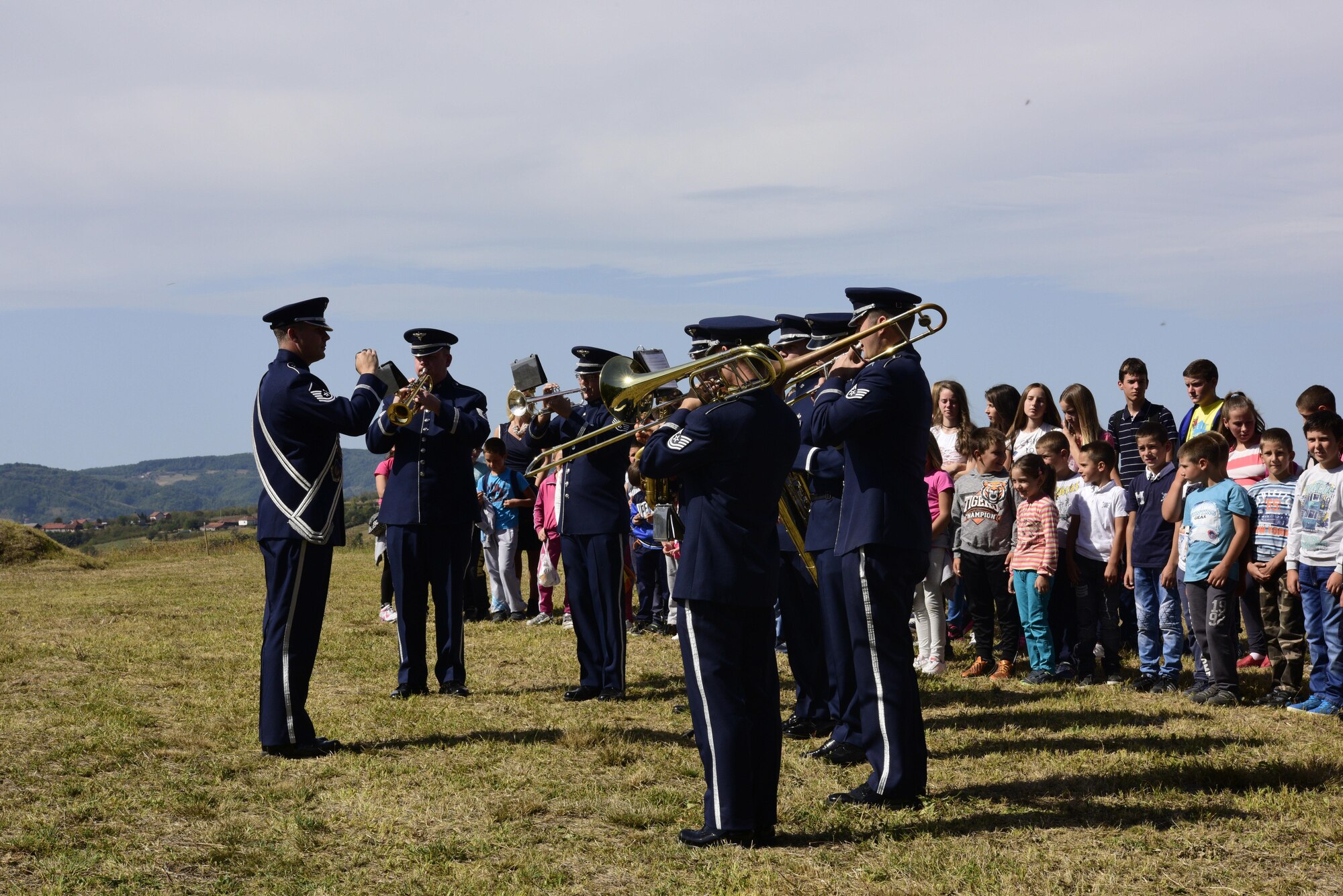 The U.S. Air Forces in Europe jazz band performs the Serbian national anthem at the 73rd Halyard Mission ceremony at Galobica Field in Pranjani, Serbia, Sept. 16, 2017.