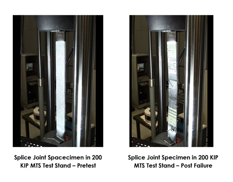A Northrop Grumman splice joint specimen is shown before (left) and after (right) undergoing testing in the 200 MTS Test Stand at the Facility for Innovative Research in Structures Technology in the Air Force Research Laboratory Aerospace Systems Directorate. The testing was conducted under a cooperative research and development agreement between the directorate and Northrop Grumman. (Courtesy Photo/AFRL)