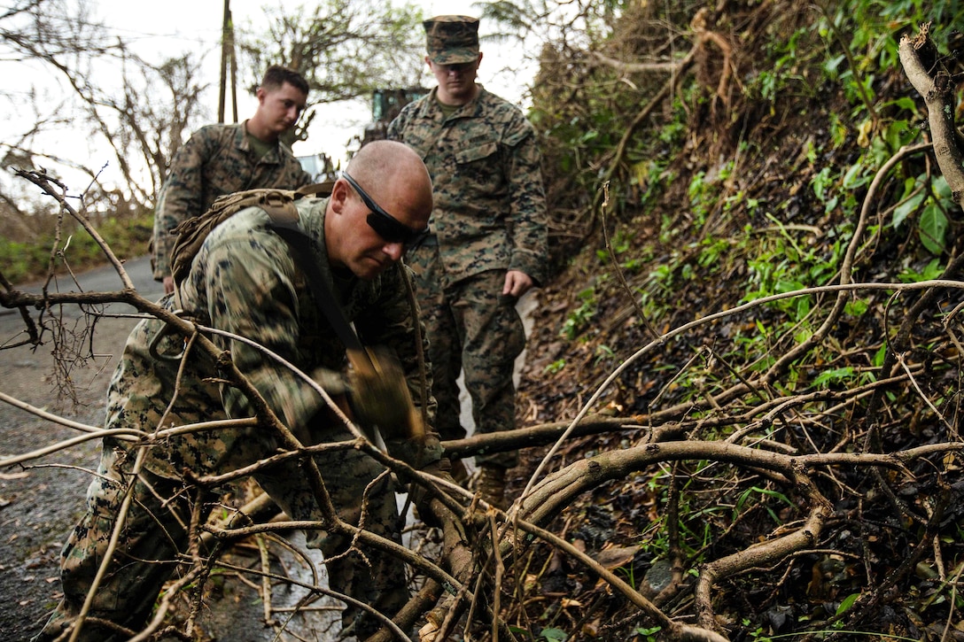 Lance Cpl. Alexander D. Johnson, foreground, chops down a branch to clear debris from the roadway.
