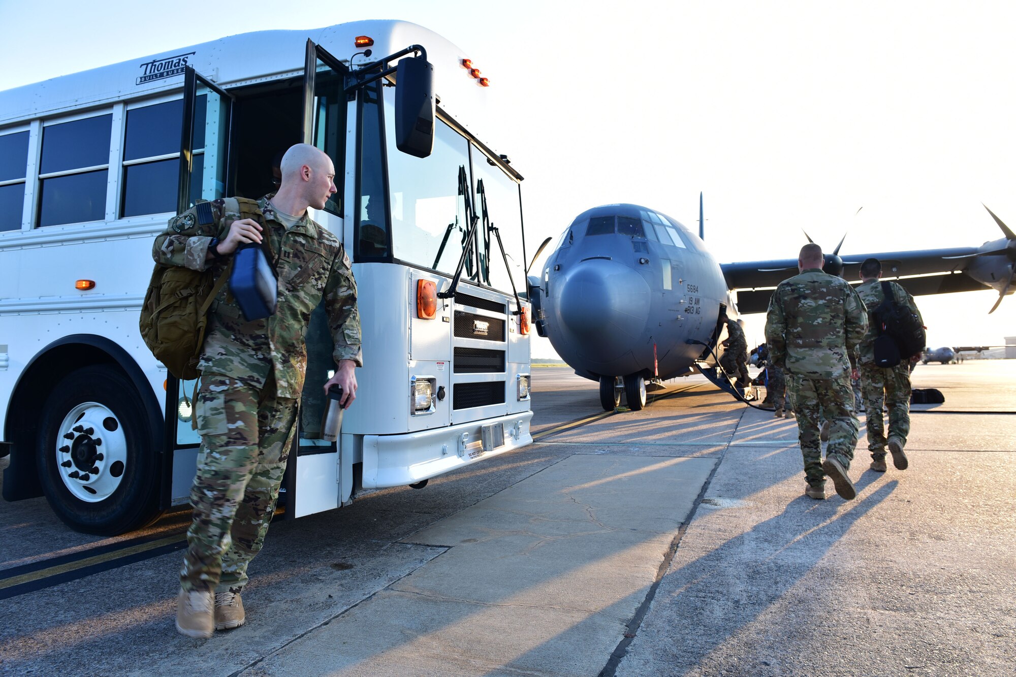Capt. John Rebolledo, 61st Airlift Squadron pilot, leaves for deployment to Southeast Asia at Little Rock Air Force Base, Ark. Robelledo will be in charge of conducting mission support and transporting essential supplies and personnel upon his arrival. (U.S. Air Force photo by Airman Rhett Isbell)
