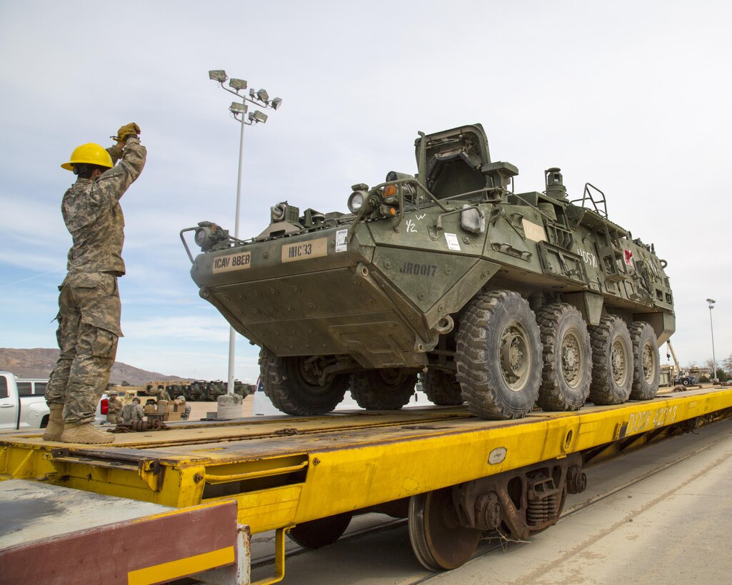 Students enrolled in the Railway Operations Group Training Course learn to use hand signals to guide drivers of Army equipment to safely load, span, secure and unload equipment on railcars for safe transportation to and from military bases all over the country, at the Yermo Annex aboard Marine Corps Logistics Base Barstow, Calif., Feb. 8. The base is home to the largest railhead in the Department of Defense.