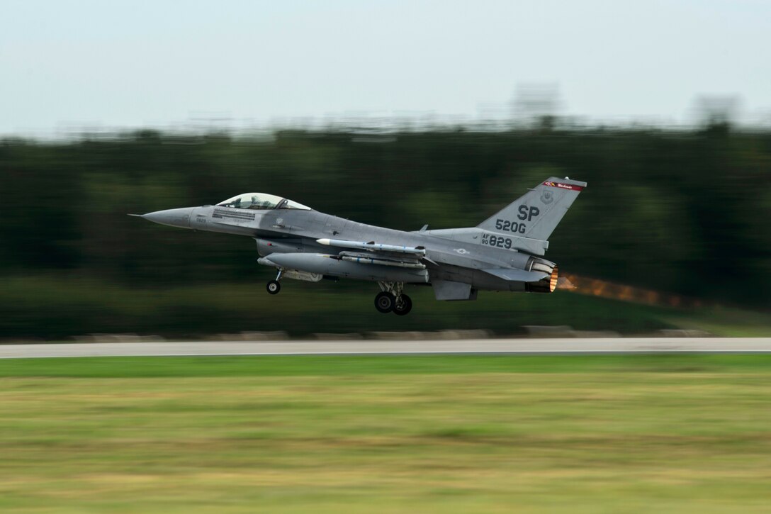 An Air Force pilot takes off in his F-16 Fighting Falcon aircraft on a sortie.