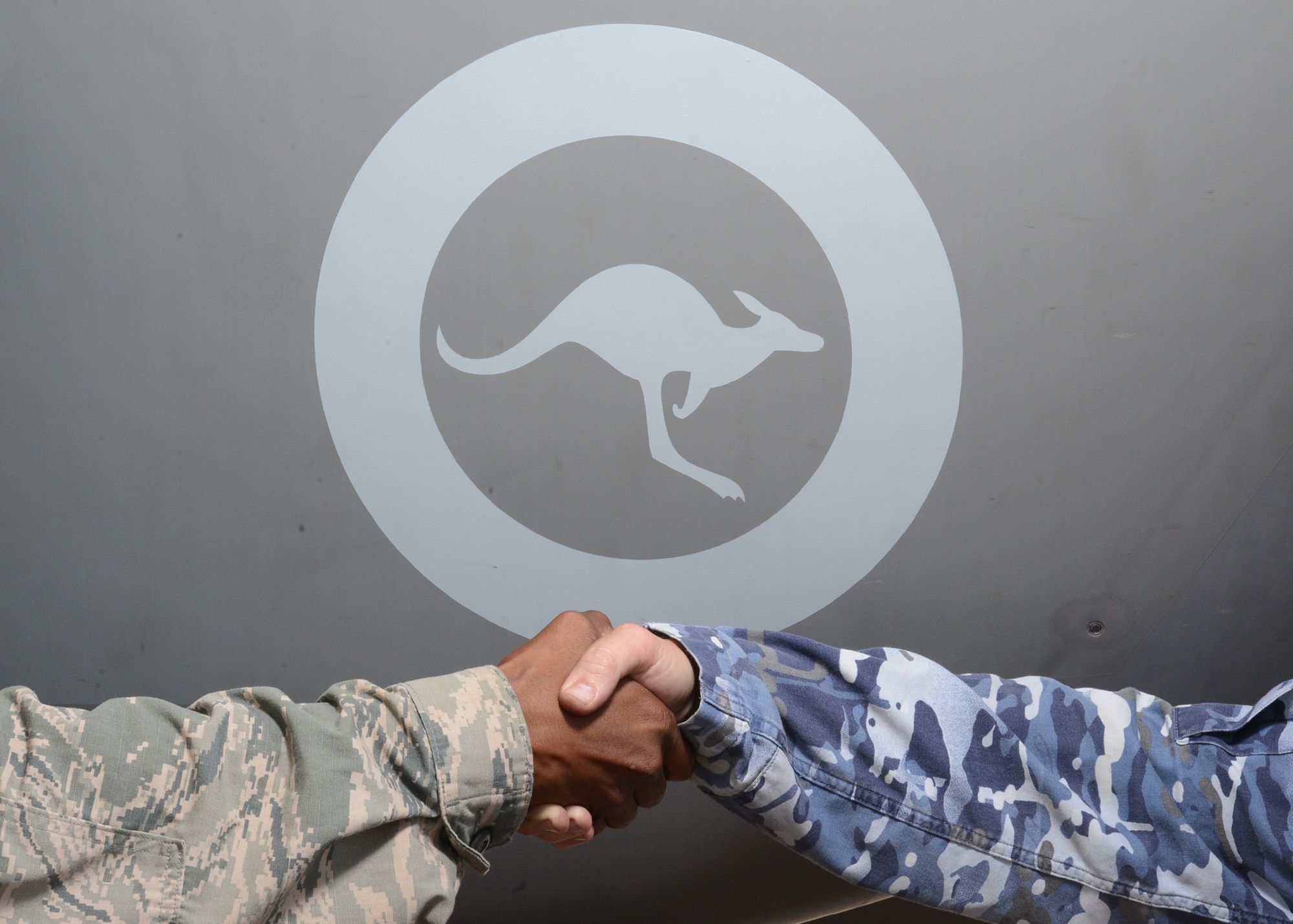 A Royal Australian and U.S. Air Force crew chief shake hands in front of an Australian F-35A Lightning II at Luke Air Force Base, Ariz., Sept. 14, 2017. This year marks the 100th anniversary of the Australia-U.S. partnership. (U.S. Air Force photo/Senior Airman James Hensley)