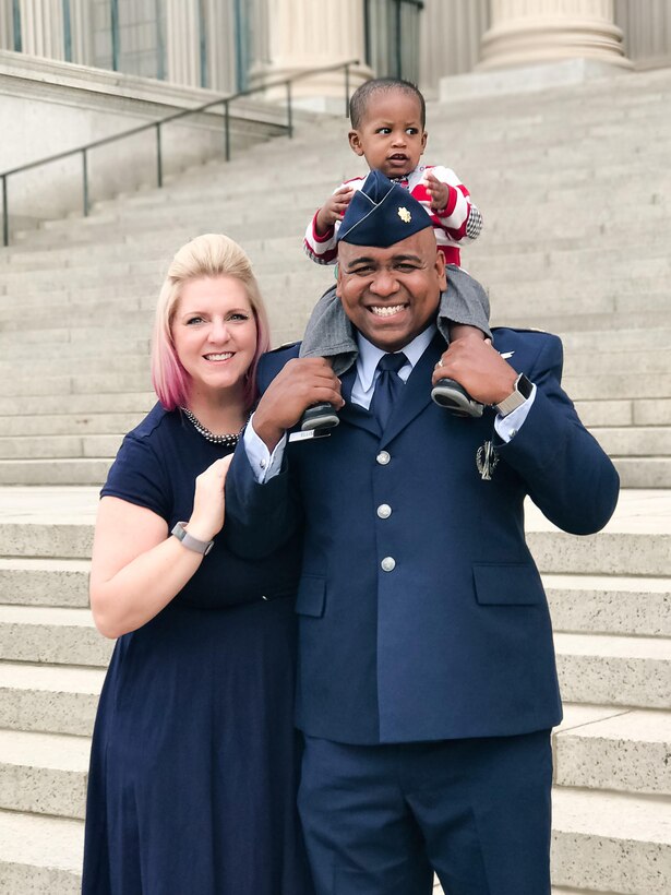 Maj. Rodney Ellison Jr., 10th Air Force public affairs officer, poses with his wife, Rebecca and their son, Tre, in Washington, D.C., May 2, 2017. Since 1947, there has been an Ellison serving in at least one of the three components of the Air Force. (Courtesy photo)