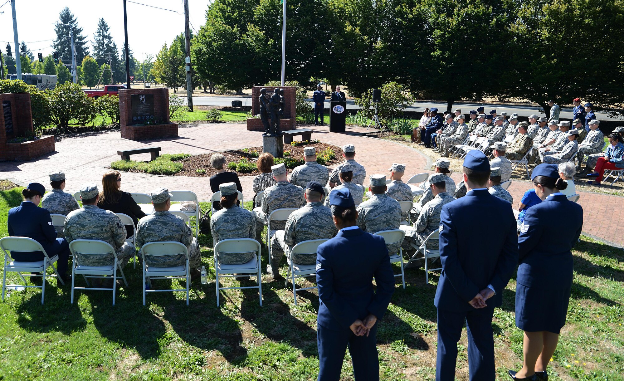 Retired Chief Master Sgt. Daniel Yeomans, Air Force Sergeants Association president, gives a speech during the POW/MIA wreath laying ceremony, Sept. 11, 2017, at Joint Base Lewis-McChord, Wash.