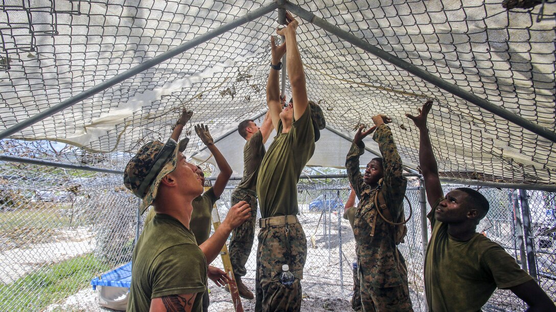 Several Marines hold up a chain link overhead structure in a kennel-type space.