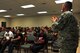 U.S. Air Force Senior Master Sgt. Anthony Wolfe, 20th Security Forces Squadron operations superintendent, speaks to Team Shaw members during a base housing resident town hall at Shaw Air Force Base, S.C., Sept. 7, 2017. Wolfe spoke about increased patrols in the housing area, precautions families can take to deter criminals and the proper reporting of incidents on base. (U.S. Air Force photo by Airman 1st Class Kathryn R.C. Reaves)