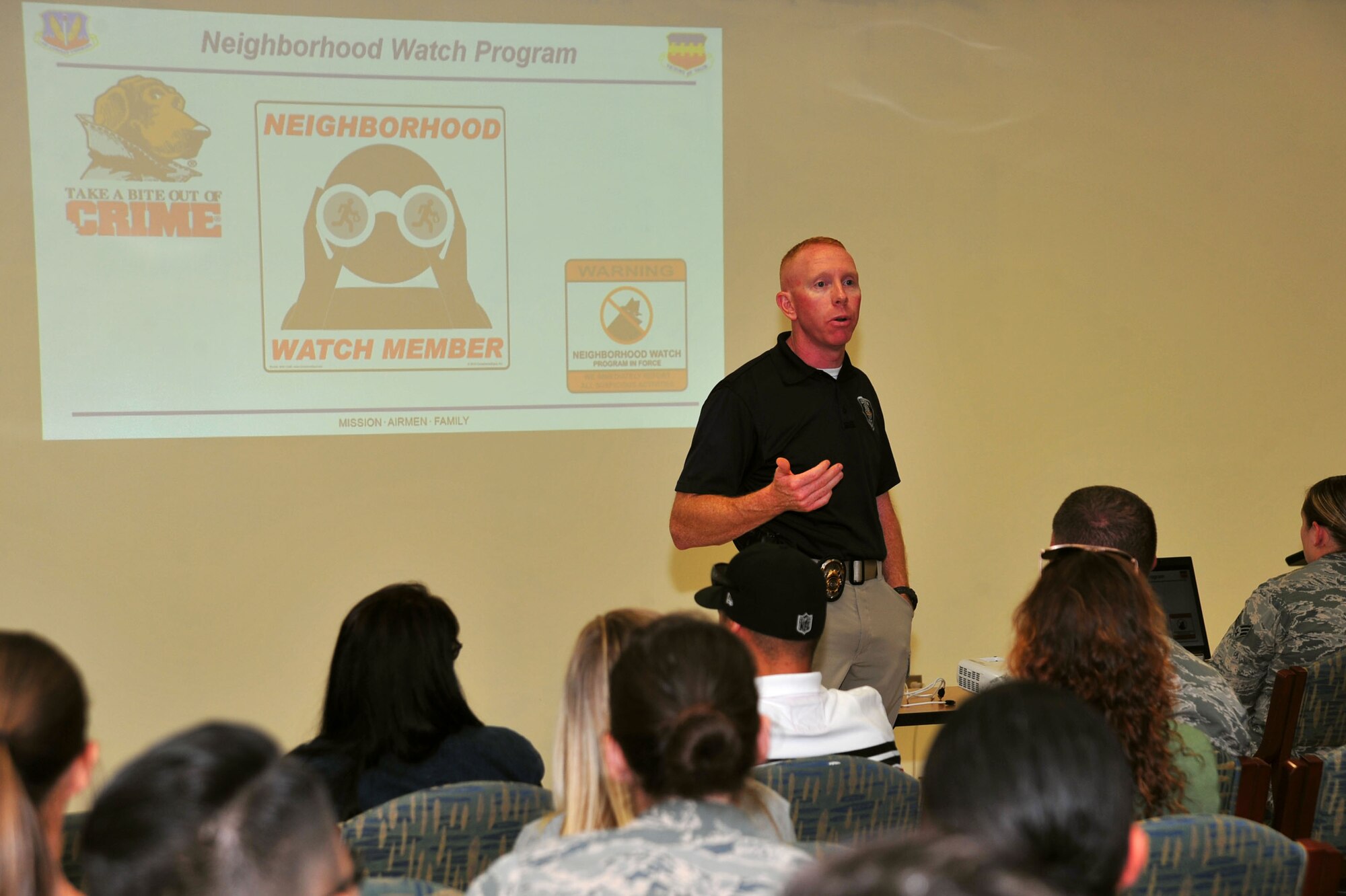 Lt. Tony Rivers, Sumter Police Department community services unit officer, speaks to Team Shaw members about the Neighborhood Watch Program during a base housing resident town hall at Shaw Air Force Base, S.C., Sept. 7, 2017. The town hall was held to address concerns regarding housing security and recent incidents in the area. (U.S. Air Force photo by Airman 1st Class Kathryn R.C. Reaves)