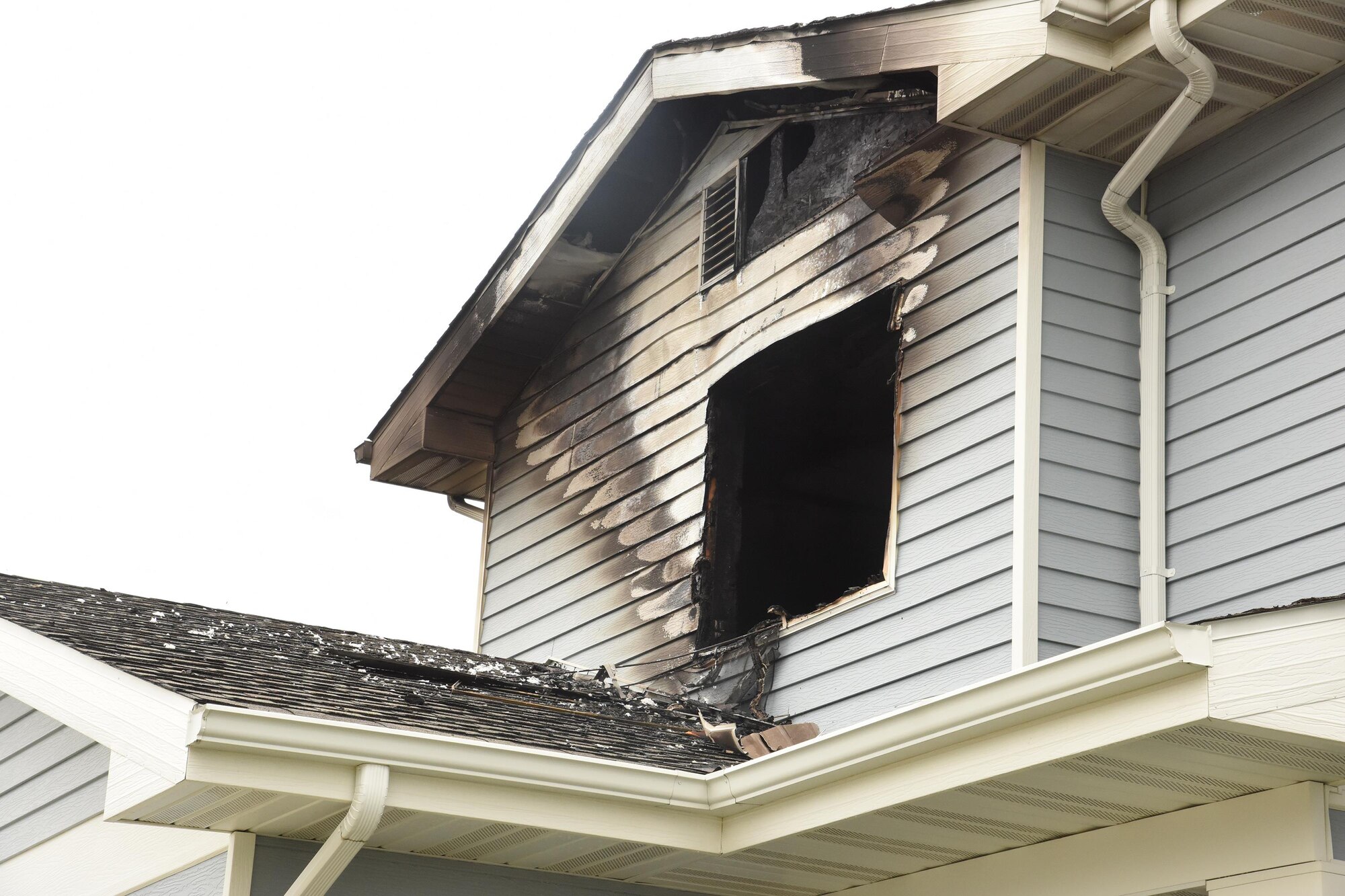 Fire damage is seen in a home in base housing June 2017 at Malmstrom Air Force Base, Mont. (U.S. Air Force photo/Senior Airman Jaeda Tookes)