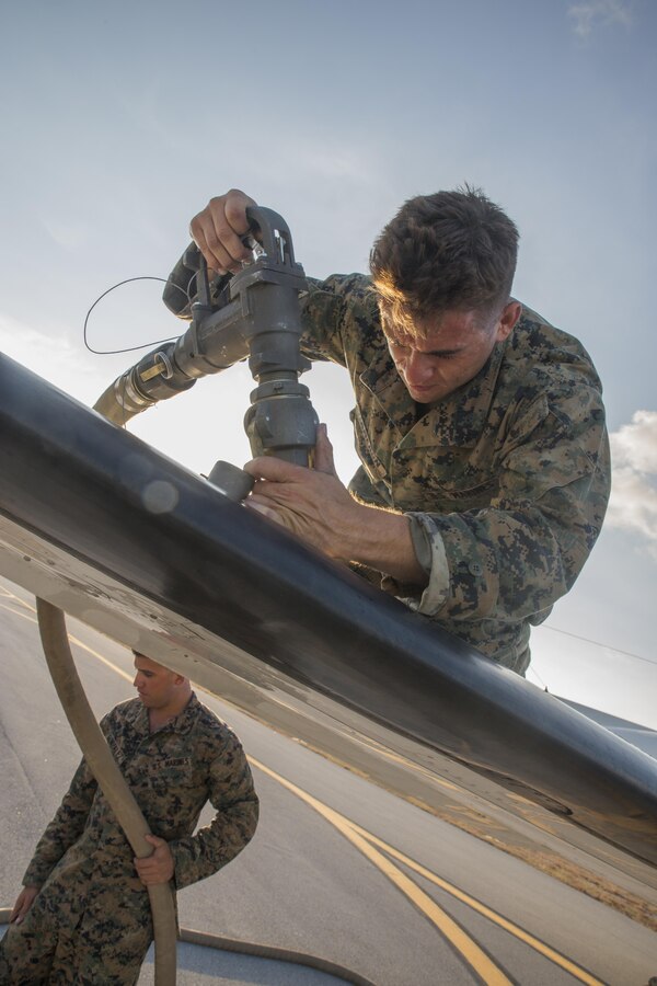 Cpl. Elliot Cameron, a bulk fuel specialist with Marine Wing Support Squadron 473, 4th Marine Aircraft Wing, Marine Forces Reserve, refuels a civilian C12 airplane that delivered supplies and water to the affected areas of Florida Keys, at The Florida Keys Marathon International Airport, at Marathon, Fla. Sept. 14, 2017. Marines with MWSS-473 established a forward arming and refueling point to provide support to federal, state and local agencies, to assist in their search and rescue operations in wake of Hurricane Irma. (U.S. Marine Corps photo by Lance Cpl. Niles Lee/Released)