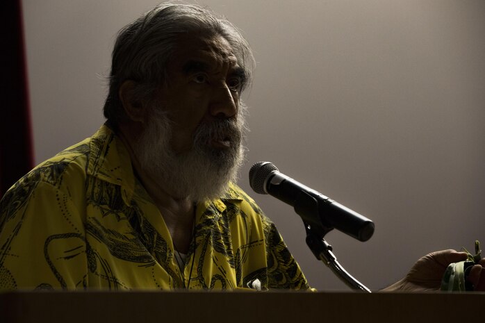Mr. Aaron Mahi, Chaplain, Community of Christ Makiki, speaks to the Marines of 1st Battalion, 12th Marine Regiment, during the unit's 75th anniversary re-dedication ceremony aboard Marine Corps Base Hawaii, Sept. 8, 2017. 1st Battalion, 12th Marine Regiment, was founded in 1942, during the second world war. (U.S. Marine Corps Photo by Sgt. Alex Kouns)