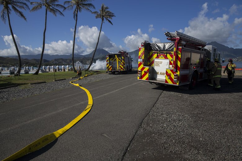 Personnel aboard Marine Corps Base Hawaii, (MCBH) alongside local, state, and federal agencies conduct the Anti-Terrorism/Force Protection Exercise Lethal Breeze, aboard MCBH, Sept. 12, 2017. The exercise combined multiple agencies, on and off the installation, to respond to a simulated attack, mass casualty scenario, and an environmental oil spill. Exercise Lethal Breeze provided hands-on experience and training to prepare MCBH to protect personnel, facilities, and other assets from all threats and hazards. (U.S. Marine Corps Photo by Sgt. Alex Kouns)