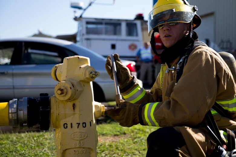 A fire fighter with the Marine Corps Base Hawaii (MCBH) Fire Department controls the flow of water from a hydrant during the Anti-Terrorism/Force Protection Exercise Lethal Breeze, aboard MCBH, Sept. 12, 2017. The exercise combined multiple agencies, on and off the installation, to respond to a simulated attack, mass casualty scenario, and an environmental oil spill. Exercise Lethal Breeze provided hands-on experience and training to prepare MCBH to protect personnel, facilities, and other assets from all threats and hazards. (U.S. Marine Corps Photo by Sgt. Alex Kouns)