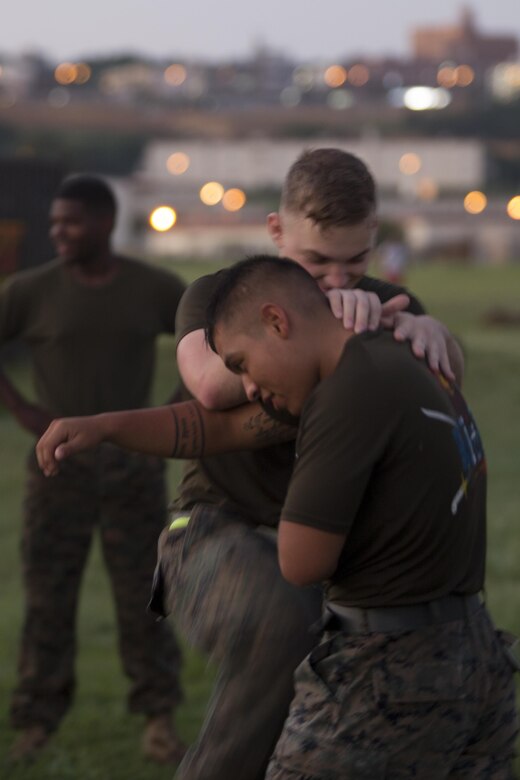 Cpl. Jody Scott demonstrates a Marine Corps Martial Arts Program technique during a grueling class