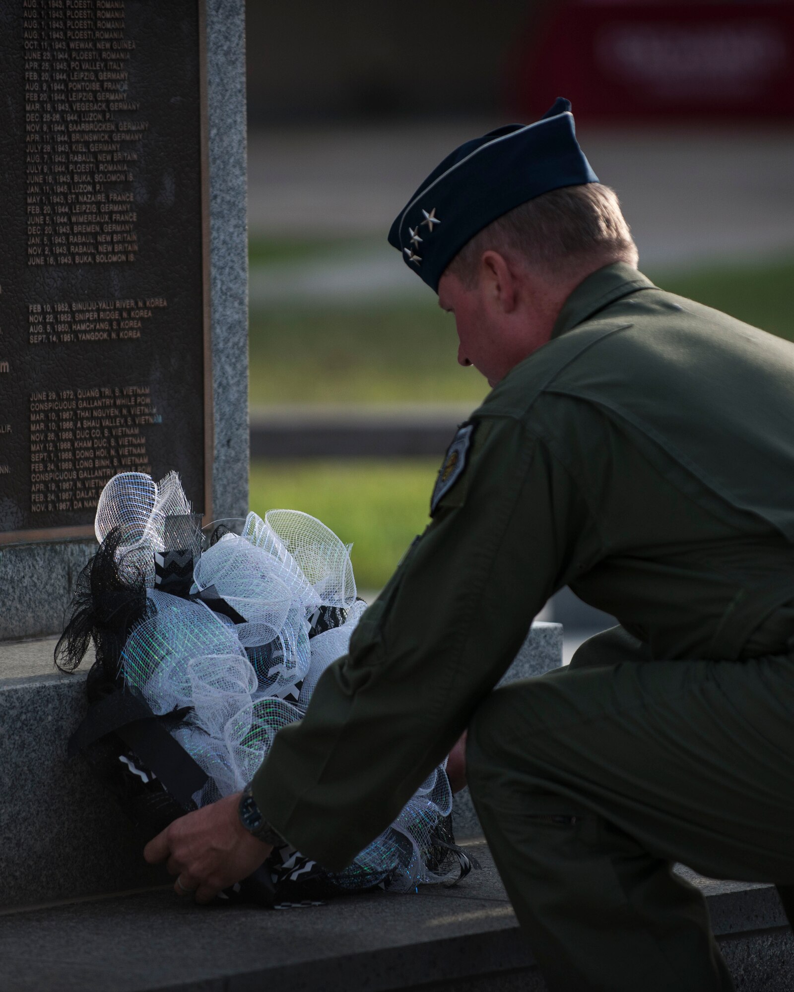 U.S. Air Force Lt. General Thomas Bergesen, 7th Air Force commander, lays a wreath during the closing ceremony of the POW/MIA Recognition Day at Kunsan Air Base, Republic of Korea, Sept. 15, 2017. The day was established by an Act of Congress, by the passage of Section 1082 of the 1998 Defense Authorization Act and is one of six days that the POW/MIA Flag can be flown. (U.S. Air Force photo by Staff Sgt. Victoria H. Taylor)