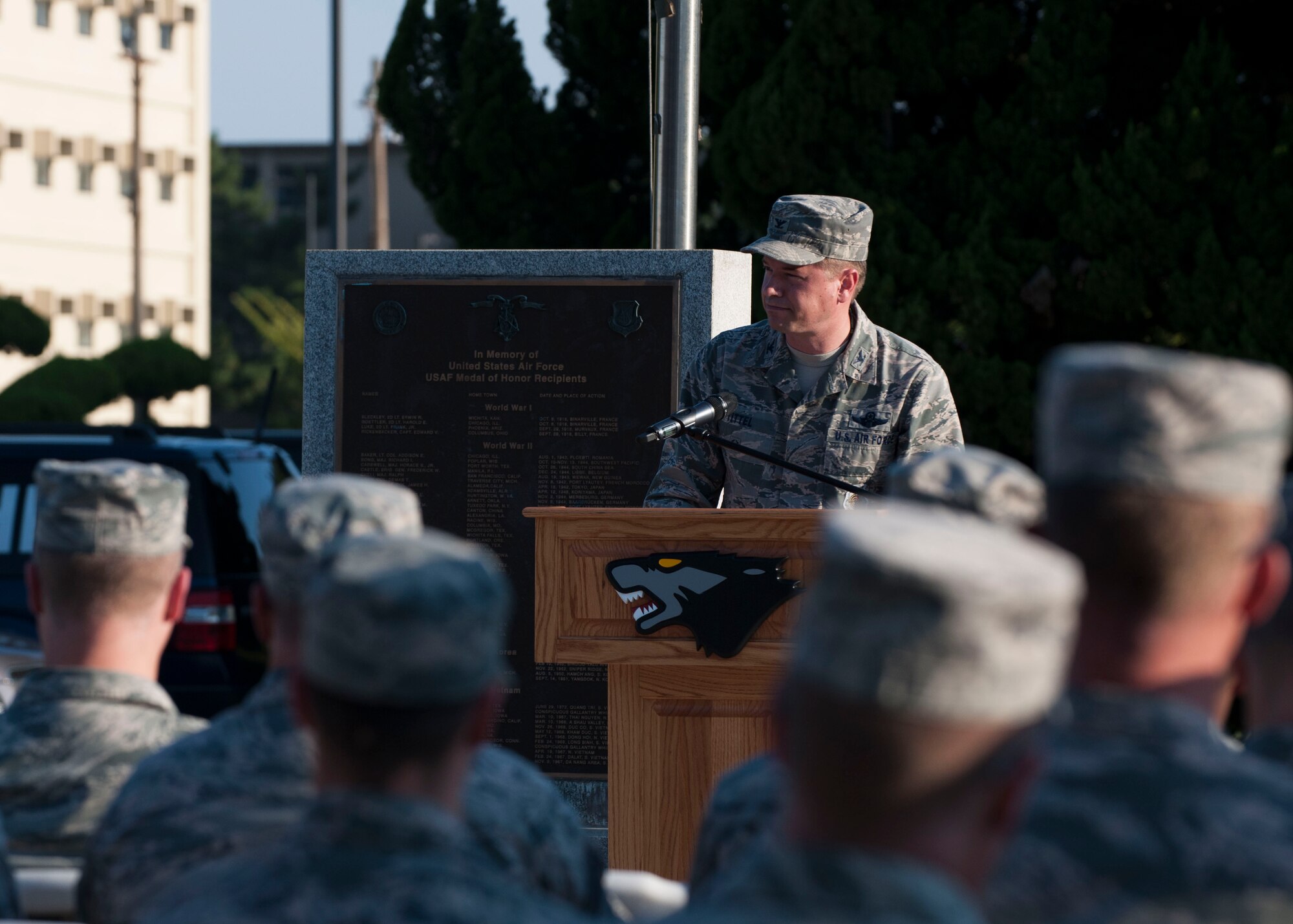 U.S. Air Force Col. Steven J. Tittel, 8th Fighter Wing vice commander, speaks during the opening ceremony of Prisoner of War and Missing in Action Recognition Day at Kunsan Air Base, Republic of Korea, Sept. 14, 2017. This day was established by an Act of Congress, through the passage of Section 1082 of the 1998 Defense Authorization Act and is one of six days that the POW/MIA Flag can be flown. (U.S. Air Force photo by Staff Sgt. Victoria H. Taylor)