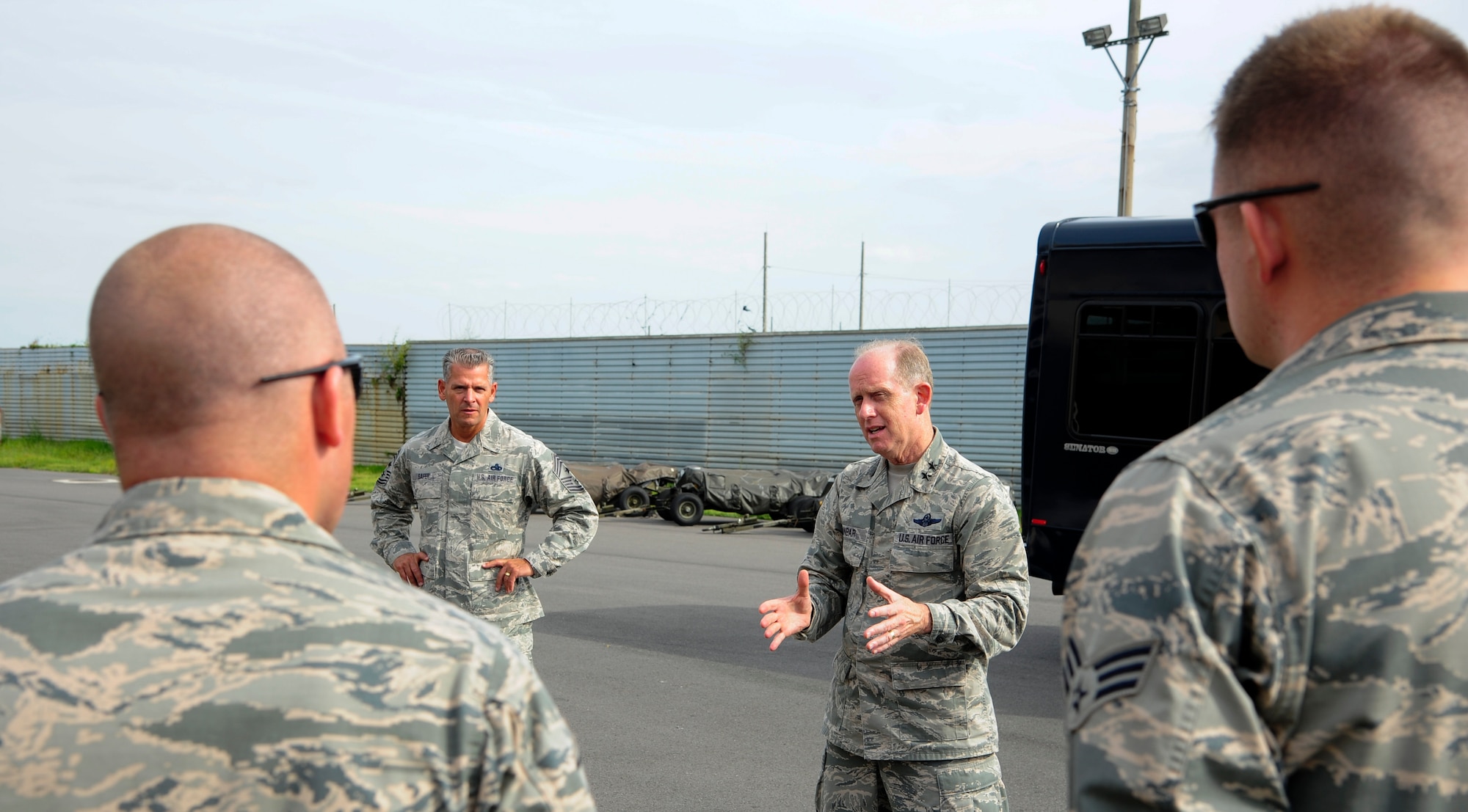 U.S. Air Force Maj. Gen. Donald Dunbar, Wisconsin’s adjutant general, briefs a group of Airmen from the 176th Air Expeditionary Maintenance Unit at Kunsan Air Base, Republic of Korea, Sept. 15, 2017. Airmen from the 115th Fighter Wing, Wisconsin Air National Guard, are deployed to Kunsan for a 4-month rotation as part of a Theater Security Package, which helps to maintain a deterrent against threats to regional security and stability. Dunbar visited Kunsan to see how the Airmen from the 115th FW help enhance 8th FW Airmen’s ability to defend the base, accept follow-on forces and take the fight north. (U.S. Air Force photo by Senior Airman Colby L. Hardin)