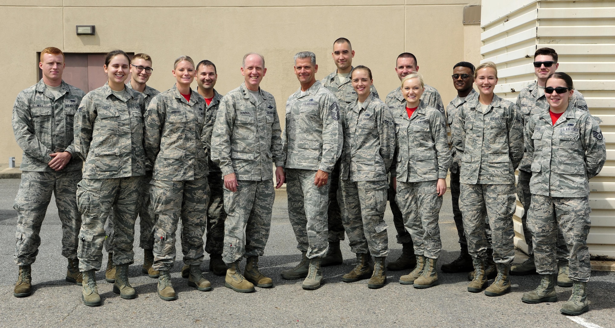 U.S. Air Force Maj. Gen. Donald Dunbar, Wisconsin’s adjutant general, and Chief Master Sgt. Thomas Safer, 115th Fighter Wing command chief, pose for a photo with Airmen from the 115th FW, at Kunsan Air Base, Republic of Korea, Sept. 15, 2017. Dunbar and Safer visited the 115th FW Airmen deployed to Kunsan for a 4-month rotation as part of a Theater Security Package, which helps maintain regional security and stability.  (U.S. Air Force photo by Senior Airman Colby L. Hardin)