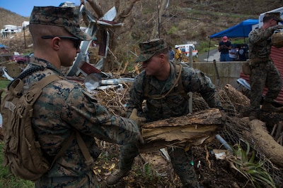 U.S. Marine Corps Sgt. Austin C. Morgan, an assaultman with Battalion Landing Team 2nd Battalion, 6th Marine Regiment, 26th Marine Expeditionary Unit (MEU), to clear debris at a local fire station that was affected by Hurricane Irma in St. John, U.S. Virgin Islands, Sept. 17, 2017.