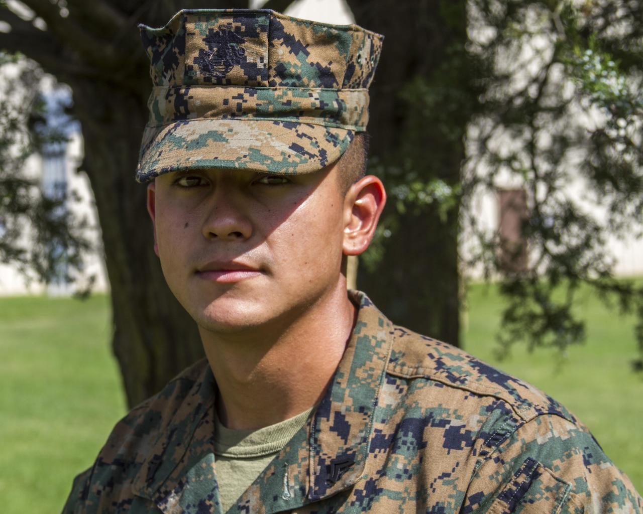 Corporal Saul Huerta-Magdaleno poses for a portrait aboard Camp Barrett, Quantico, Va., Sept. 15, 2017. Huerta is an instructor at The Basic School, where he trains newly commissioned officers how to operate artillery equipment. (Marine Corps photo by Cpl. Michael McHale)