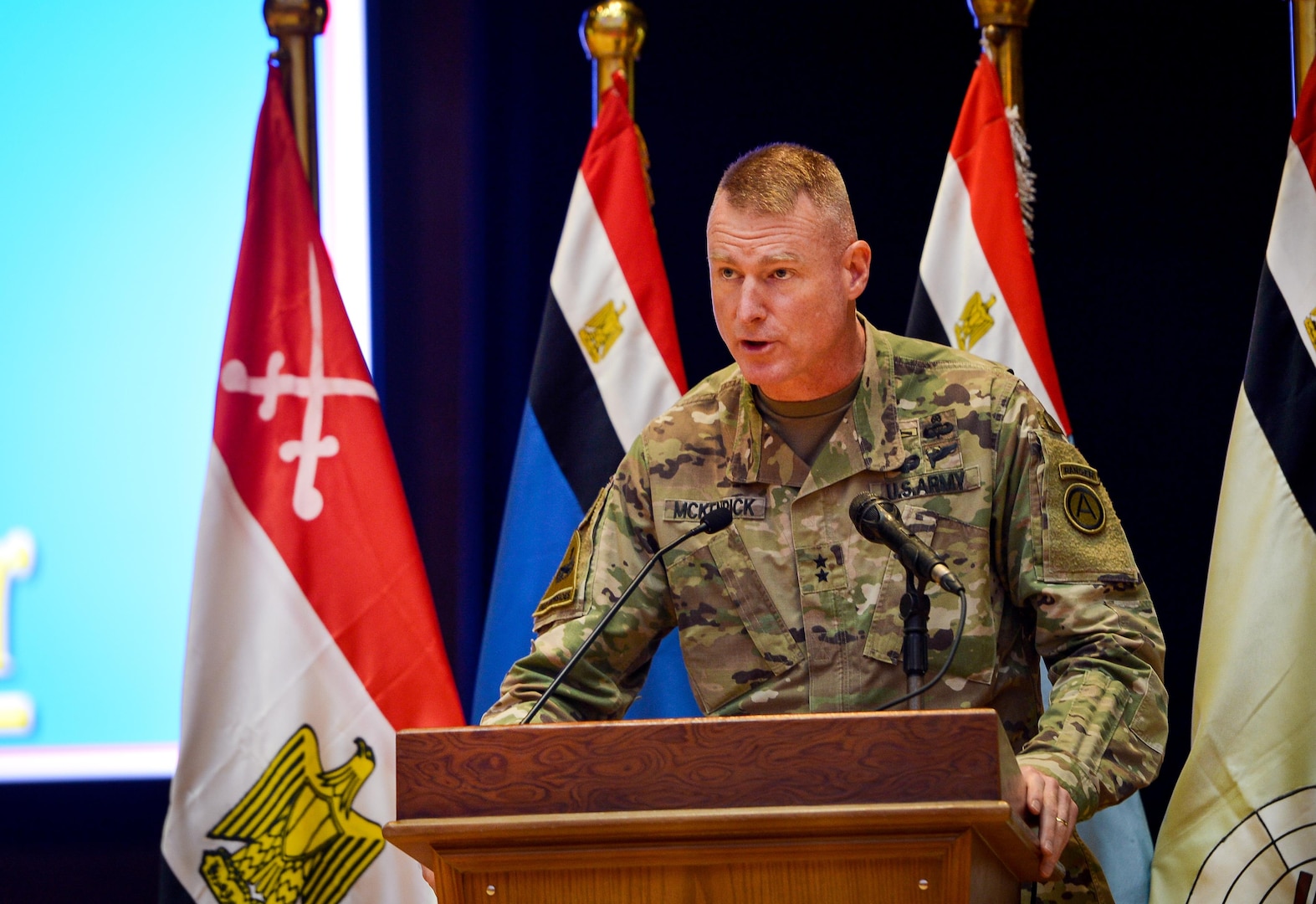 U.S. Army Maj. Gen. Terrence McKenrick, U.S. Army Central deputy commanding general, gives opening remarks at a senior leader seminar during Bright Star 2017, Sept. 18, 2017, at Mohamed Naguib Military Base, Egypt. More than 200 U.S. service members are participating alongside the Egyptian armed forces for the bilateral U.S. Central Command Exercise Bright Star 2017, Sept. 10 – 20, 2017 at Mohamed Naguib Military Base, Egypt. (U.S. Air Force photo by Staff Sgt. Michael Battles)