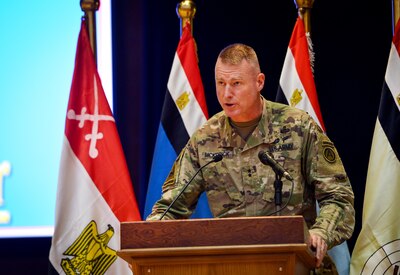 U.S. Army Maj. Gen. Terrence McKenrick, U.S. Army Central deputy commanding general, gives opening remarks at a senior leader seminar during Bright Star 2017, Sept. 18, 2017, at Mohamed Naguib Military Base, Egypt. More than 200 U.S. service members are participating alongside the Egyptian armed forces for the bilateral U.S. Central Command Exercise Bright Star 2017, Sept. 10 – 20, 2017 at Mohamed Naguib Military Base, Egypt. (U.S. Air Force photo by Staff Sgt. Michael Battles)