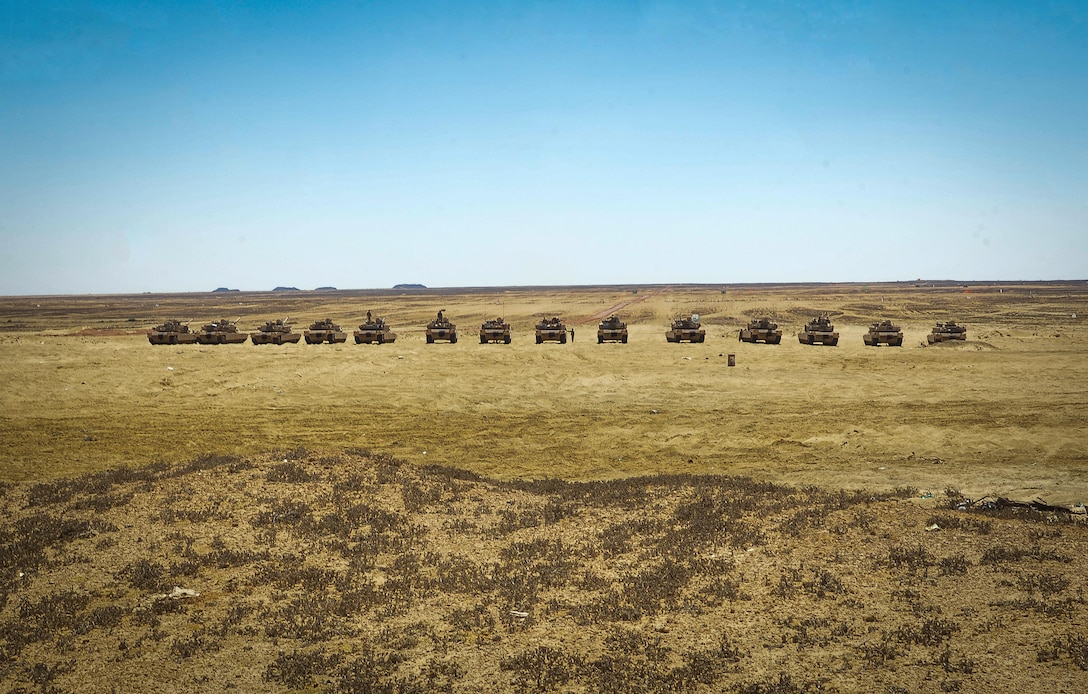 U.S. Army Soldiers and M1A2 Abrams tanks from the 2nd Battalion, 7th Cavalry Regiment, 3rd Armored Combat Team, 1st Cavalry Division participate in a field training exercise during Bright Star 2017, Sept. 16, 2017, at Mohamed Naguib Military Base, Egypt. More than 200 U.S. service members are participating alongside the Egyptian armed forces for the bilateral U.S. Central Command Exercise Bright Star 2017, Sept. 10 - 20, 2017 at Mohamed Naguib Military Base, Egypt. (U.S. Air Force photo by Staff Sgt. Michael Battles)