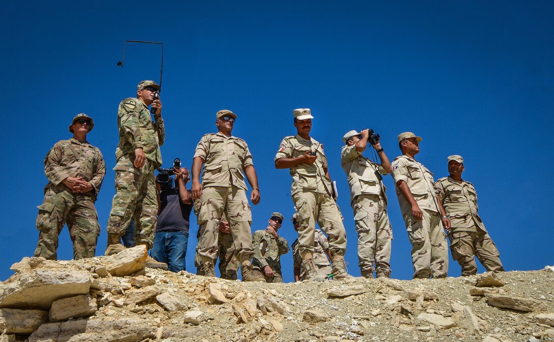 Senior leadership from the 2nd Battalion, 7th Cavalry Regiment, 3rd Armored Combat Team, 1st Cavalry Division and the Egyptian armed forces watch a field training exercise during Bright Star 2017, Sept. 16, 2017, at Mohamed Naguib Military Base, Egypt. More than 200 U.S. service members are participating alongside the Egyptian armed forces for the bilateral U.S. Central Command Exercise Bright Star 2017, Sept. 10 - 20, 2017 at Mohamed Naguib Military Base, Egypt. (U.S. Air Force photo by Staff Sgt. Michael Battles)
